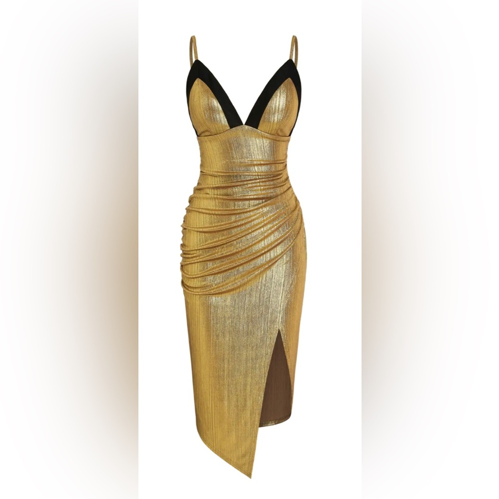 CIDER gold shimmer midi cocktail evening dress with split front slit. Medium